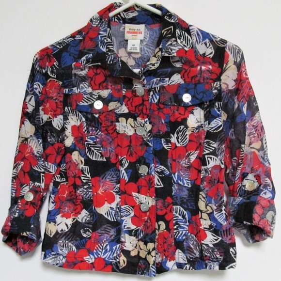 Ruby Rd Favorites Red White Blue Floral Sheer Blouse - Picture 6 of 9
